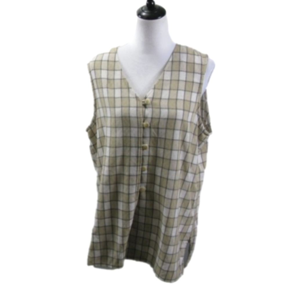 WORTHINGTON Tan/White Plaid Sleeveless Blouse Size 16